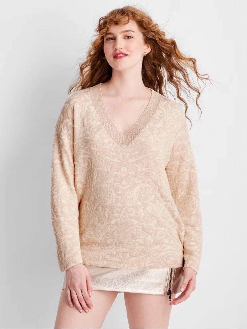 Future Collective Women’s V-Neck Brocade Sweater Future Collective Cream XL
